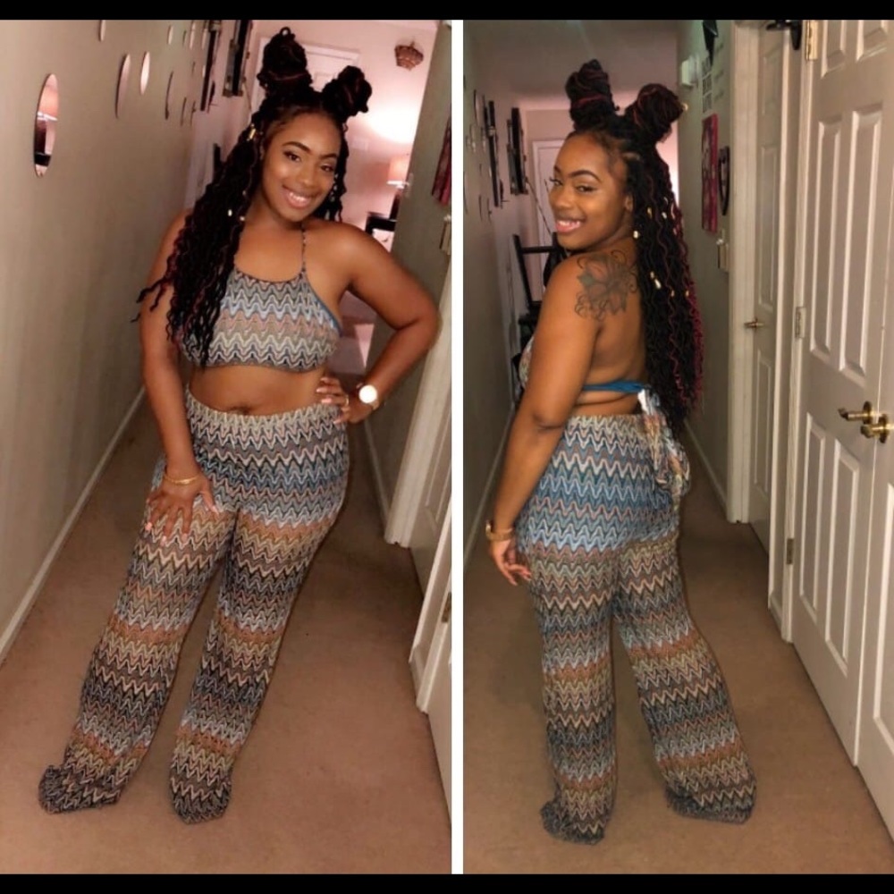 Blue and Brown two piece set , crop top with pants